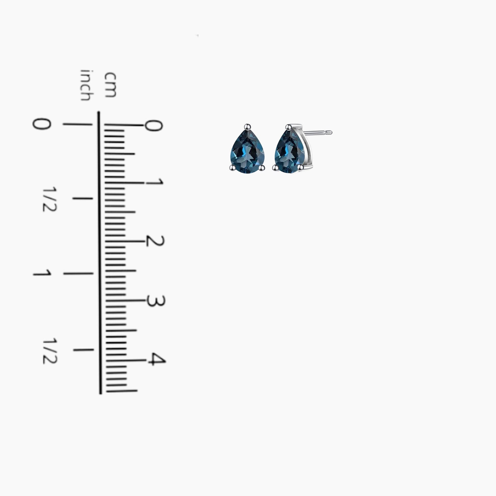 London Blue Topaz Pear Cut Stud Earrings displayed next to a scale for size comparison