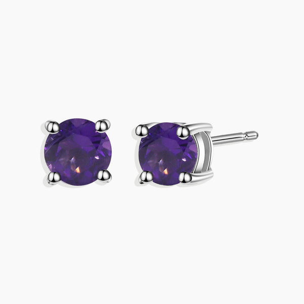 Front view of Classic Round Amethyst Stud Earrings in Sterling Silver, showcasing stunning round-cut amethyst stones set in elegant sterling silver.