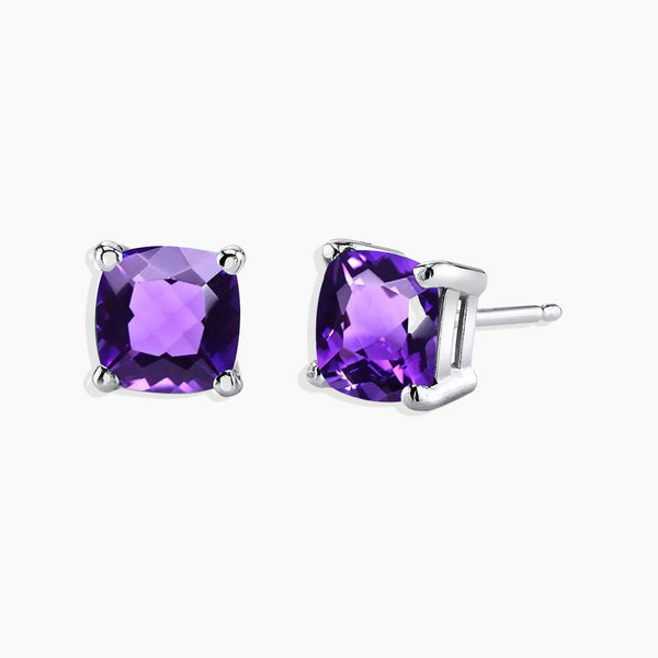 Front view of Elegant Cushion Cut Stud Earrings in Sterling Silver, showcasing stunning cushion-cut amethyst stones, exuding timeless charm and elegance.
