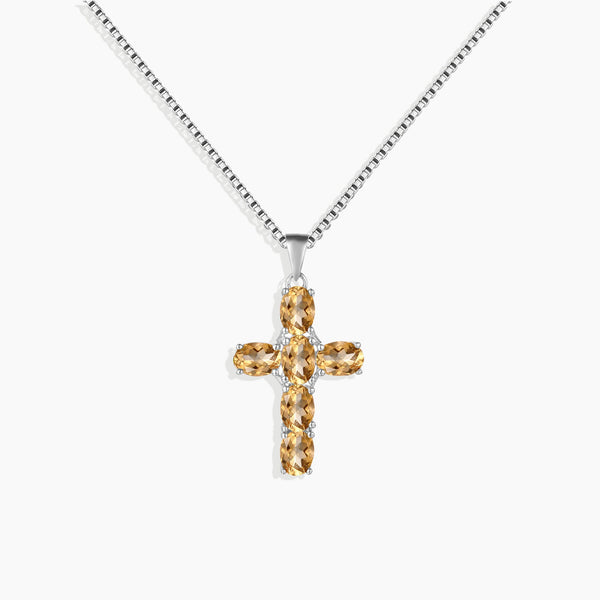  Sterling Silver Cross Necklace with Citrine Gemstone - Elegant Religious Jewelry