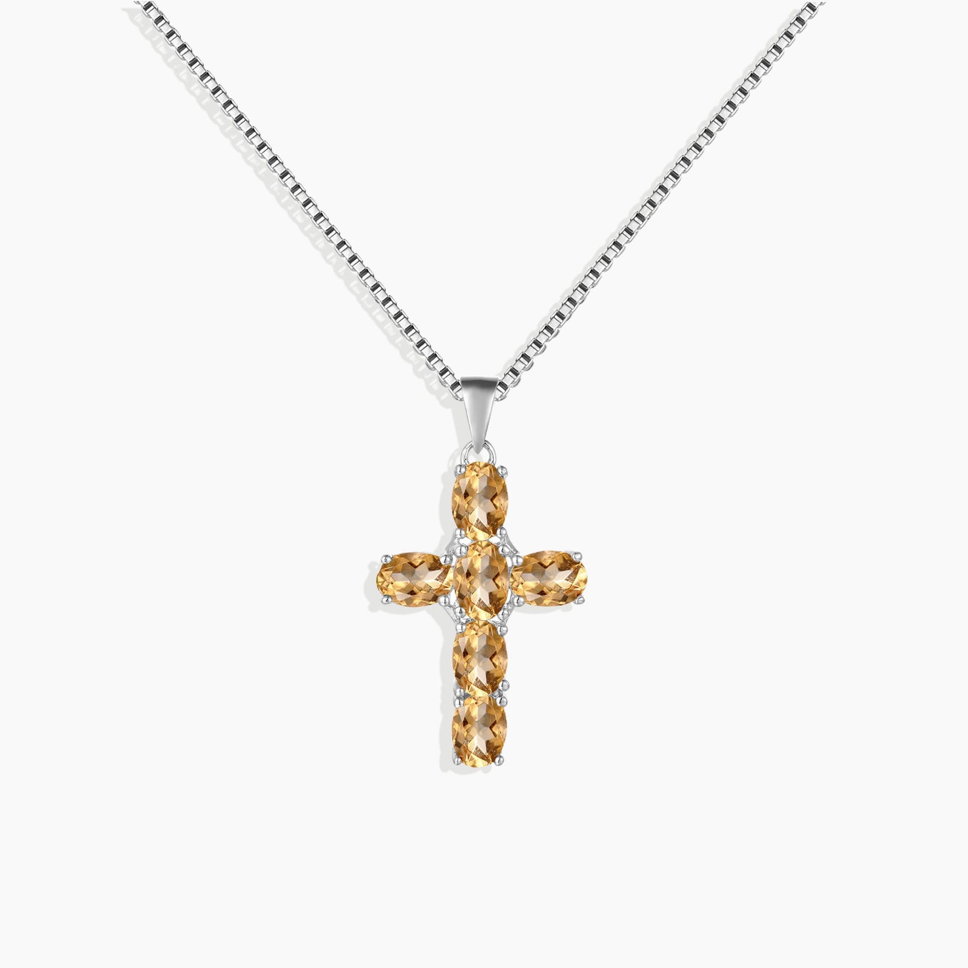  Sterling Silver Cross Necklace with Citrine Gemstone - Elegant Religious Jewelry