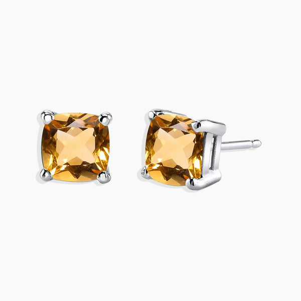  Sterling Silver Citrine Cushion Cut Stud Earrings - Elegant Gemstone Jewelry