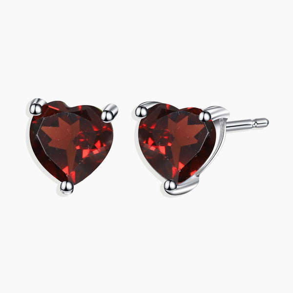 Sterling Silver Garnet Heart Shape Stud Earrings - January Birthstone Jewelry