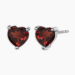Heart Shape Stud Earrings in Sterling Silver -  Garnet