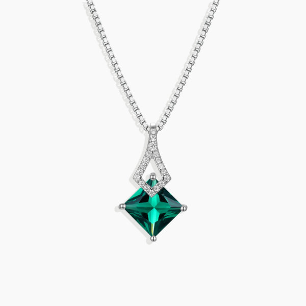 Front view of silver emerald princess cut pendant