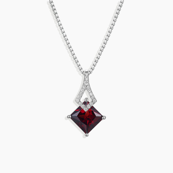 Sterling Silver Garnet Princess Cut Pendant Necklace - January Birthstone Jewelry