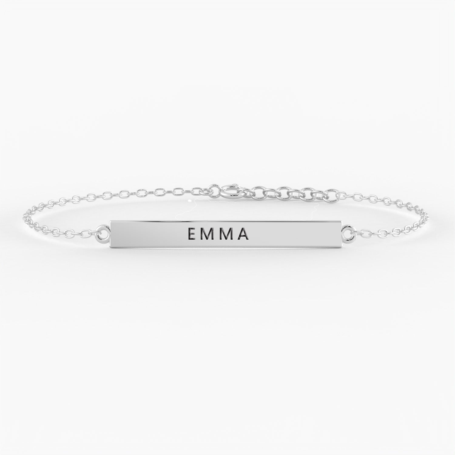 front view of bracelet in silver with emma engraved on it