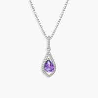 Front view of Luxurious Amethyst Solitaire Pendant, showcasing a pear-shaped amethyst stone surrounded by a drop-shaped halo, crafted in sterling silver, suspended gracefully.