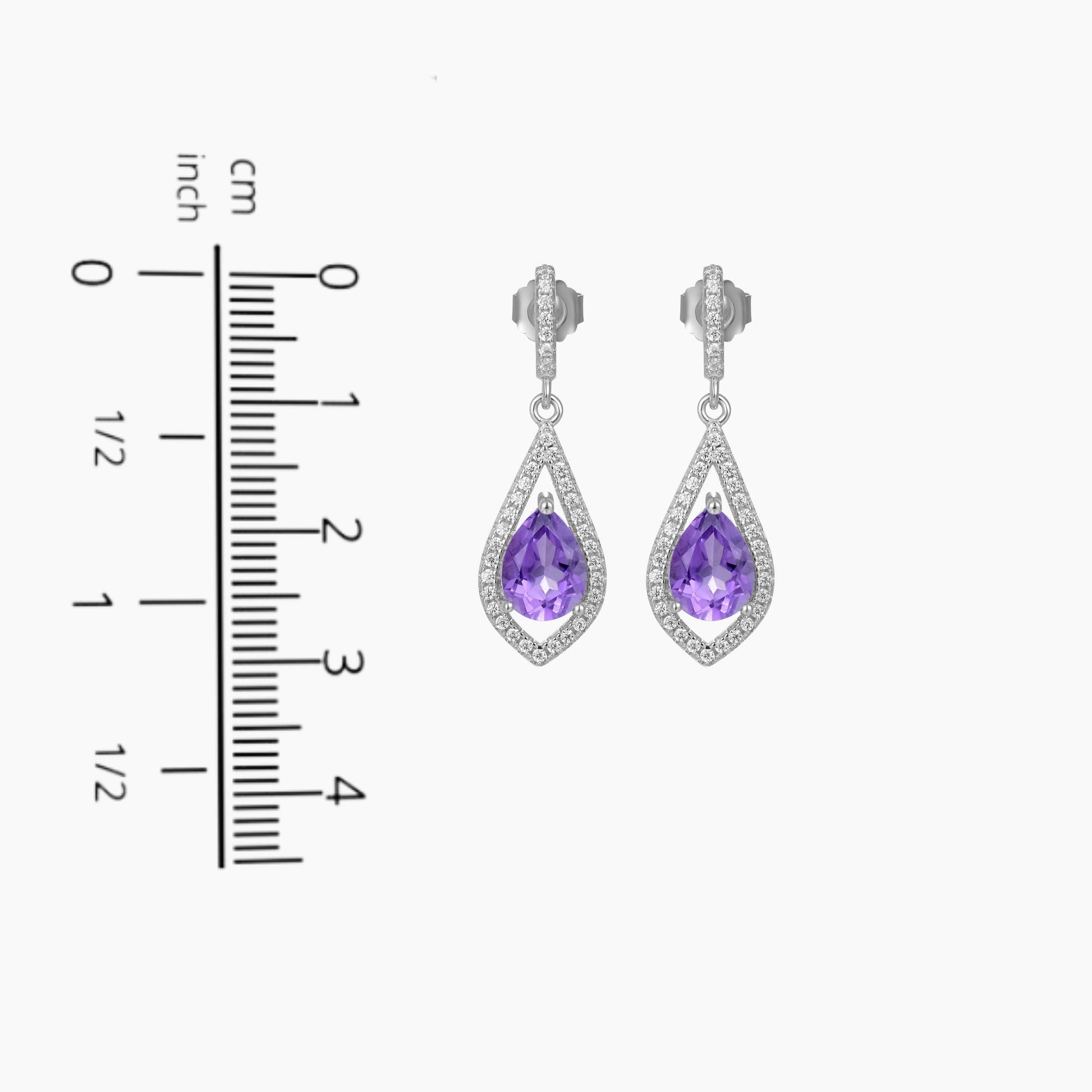 Amethyst Solitaire Earrings displayed on a scale to depict their size and dimensions accurately.