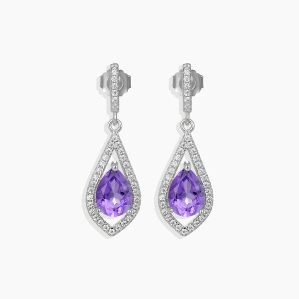 Front view of Amethyst Solitaire Earrings showcasing pear-shaped amethyst stones surrounded by drop-shaped halos, crafted in sterling silver, dangling gracefully.