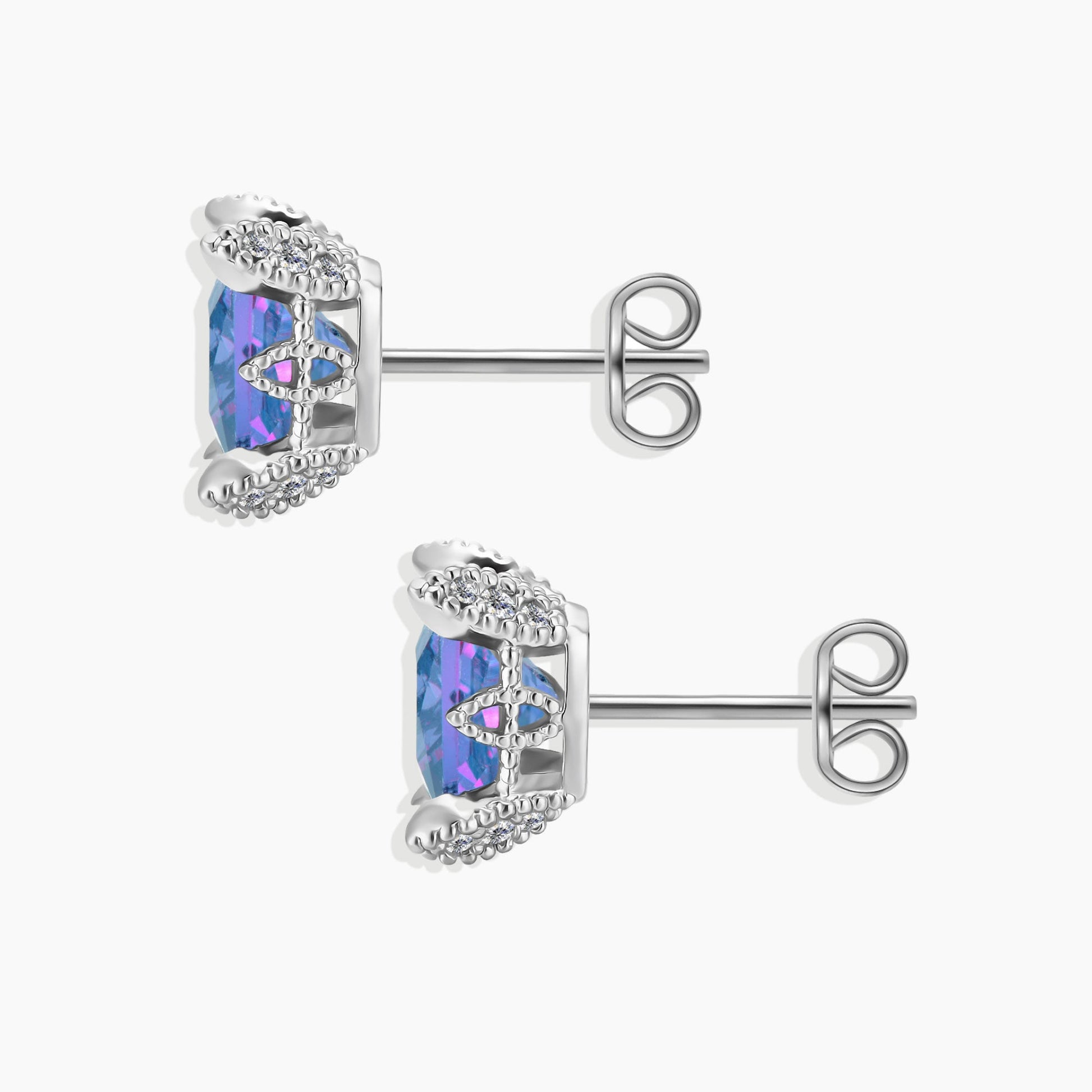 Side view of Alexandrite Square Studs, highlighting sterling silver setting