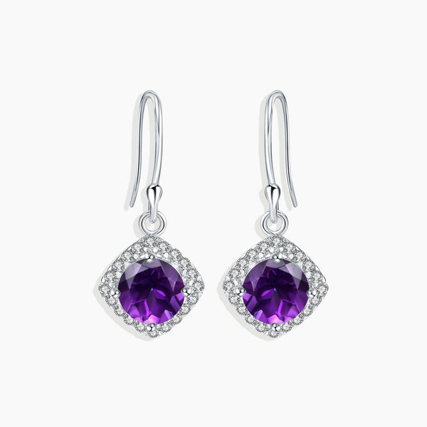 Front view of Amethyst Round Cut Drop Earrings showcasing round cut amethyst stones set in sterling silver, dangling elegantly.