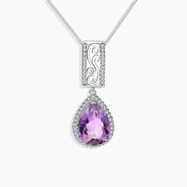 Front view of Amethyst Pear Cut Halo Necklace in Sterling Silver