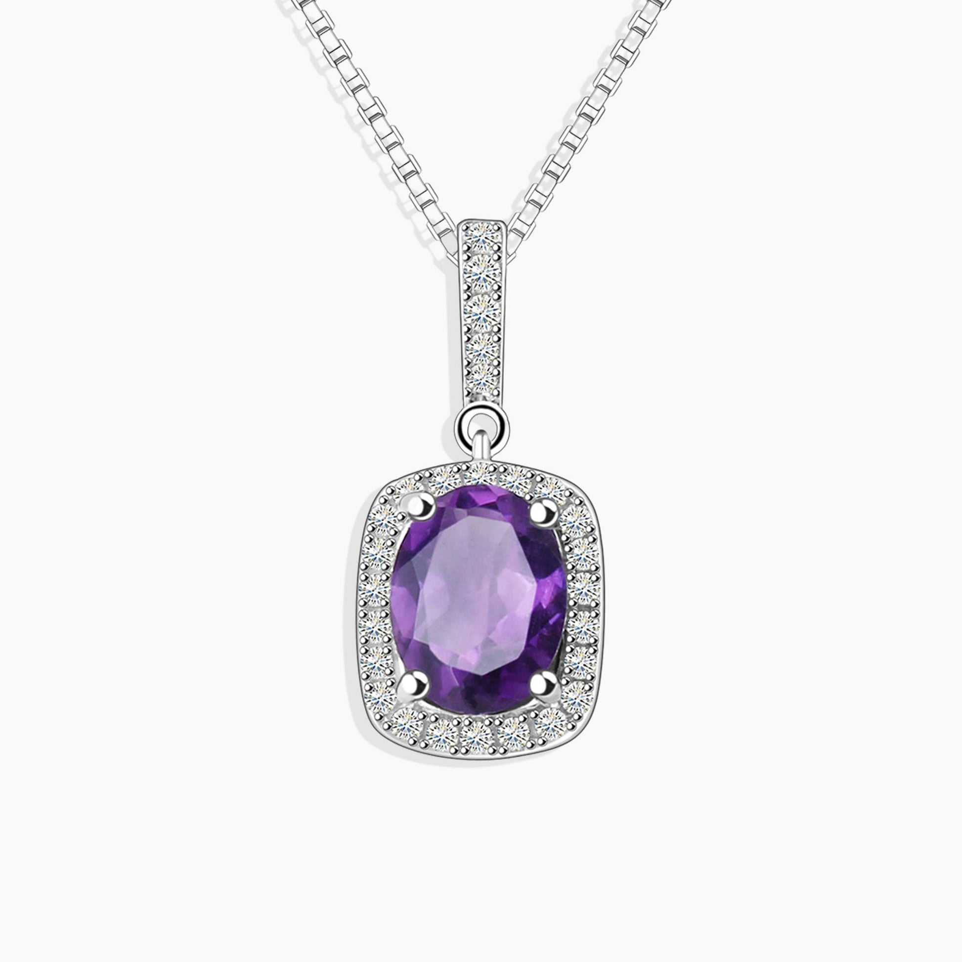 Front view of Radiant Cushion Cut Amethyst & CZ Pendant, showcasing a dazzling cushion-cut amethyst stone adorned with CZ accents, crafted in sterling silver.