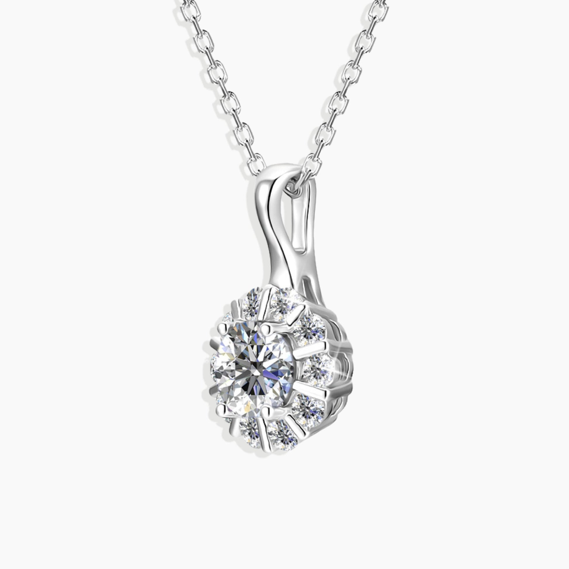 Side view of the Moissanite Sparkle Pendant Necklace, highlighting its elegant design and craftsmanship.