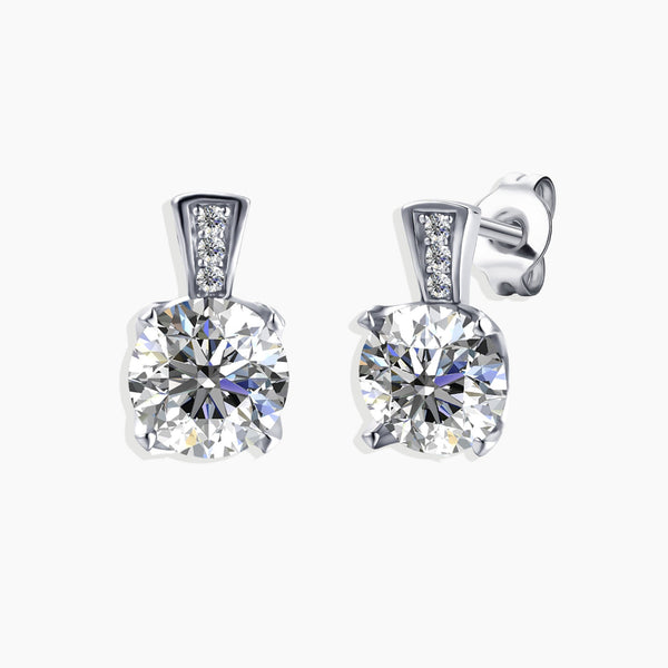 Front view of the Radiant Moissanite 1ct. Scintillait Earrings, showcasing dazzling 1ct. moissanite stones in a dangling fixed stud design, crafted from sterling silver.