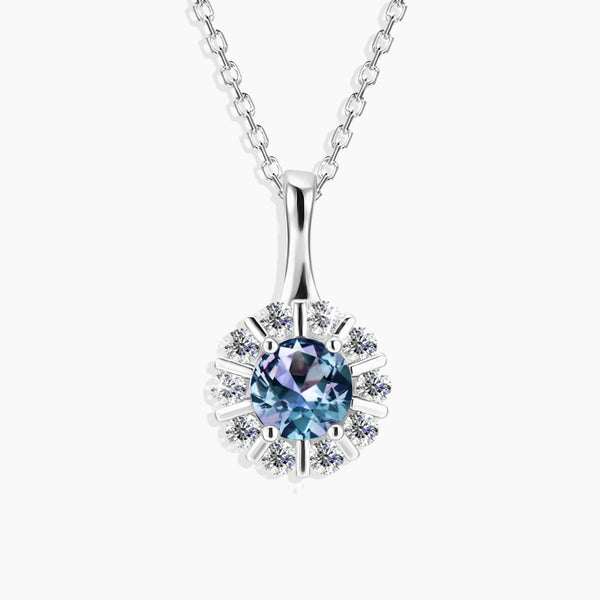 Front view of Irosk Alexandrite Sparkle Pendant showcasing round-cut stone with halo on the egde