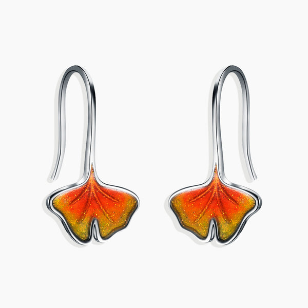Front View of Ginkgo Leaf Earrings, which are made in beautiful shade of orange,red and yellow