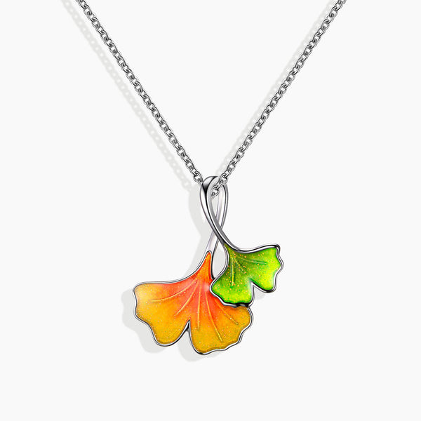 Front View of Ginkgo Leaf Pendant with multiple shades of yellow,orange,red and green