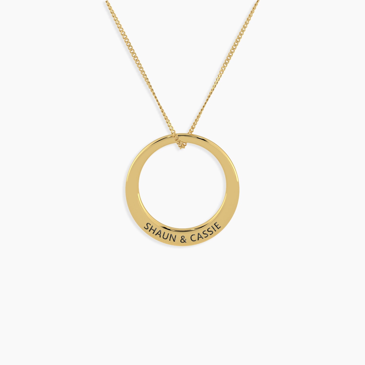 Front view of the Circle of Serenity Small Pendant, showcasing its disc-shaped design, rhodium and gold plating, and custom name engraving, making it the ideal gift for her in Australia.