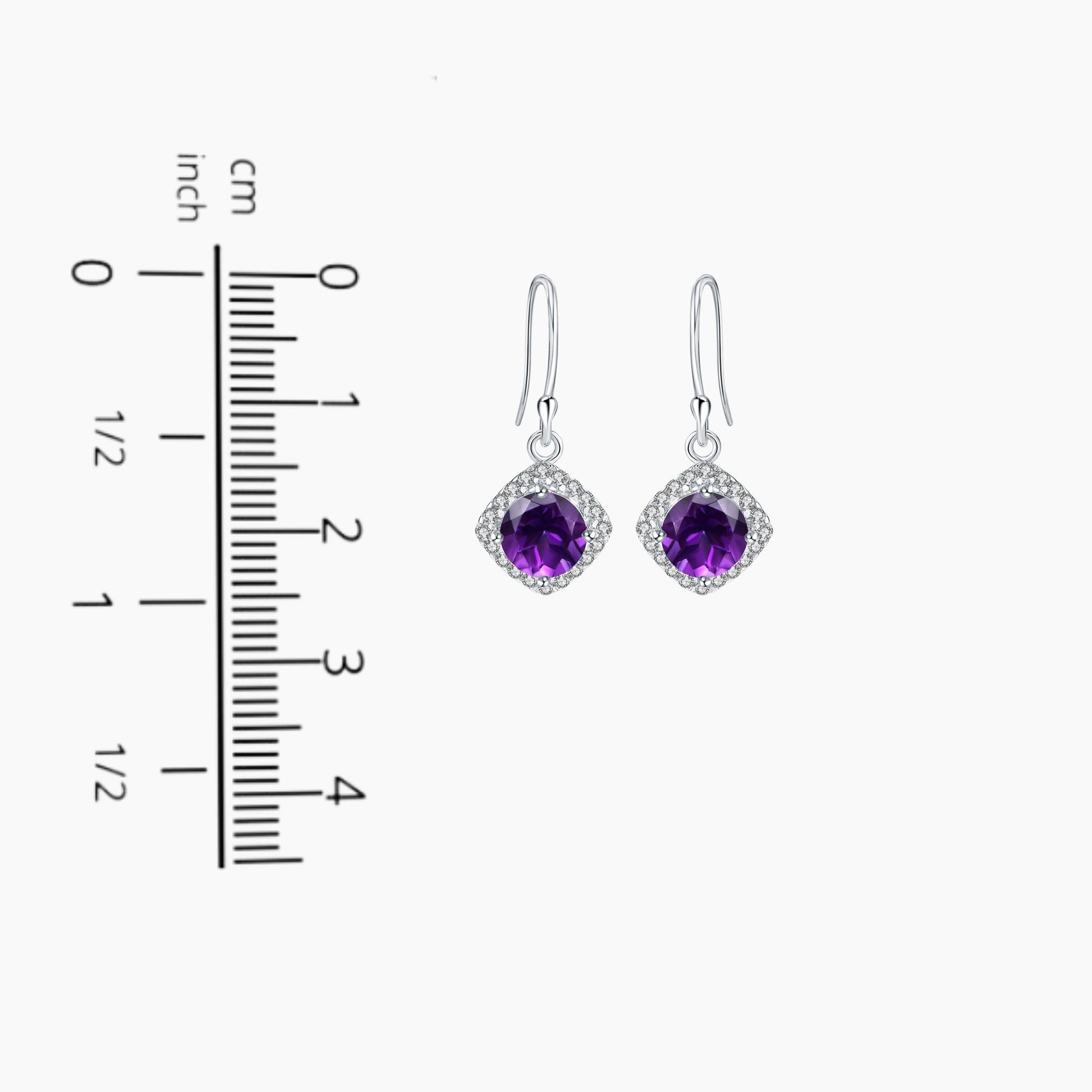 Amethyst Round Cut Drop Earrings displayed on a scale to illustrate their size and dimensions accurately.