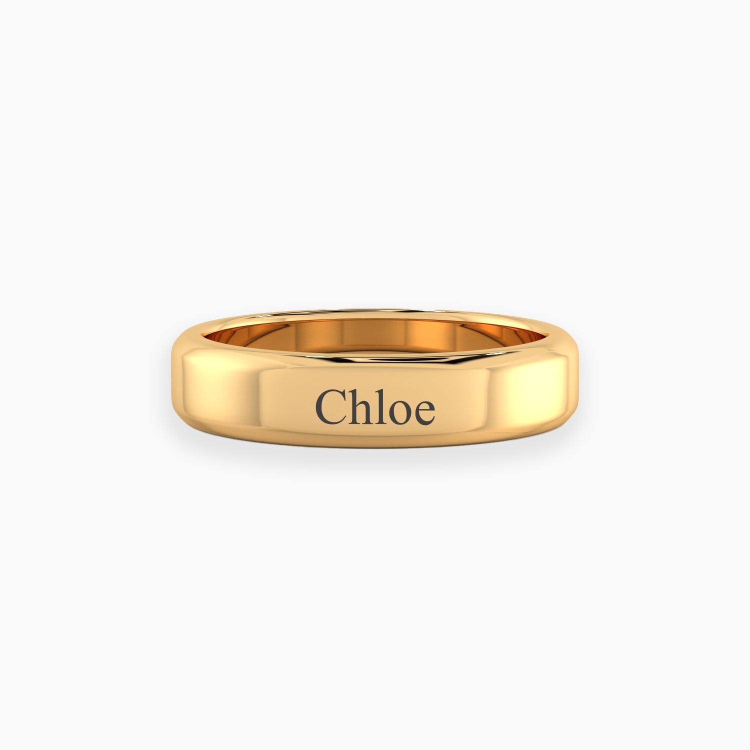 front view of gold plated ring with chloe engraved on it
