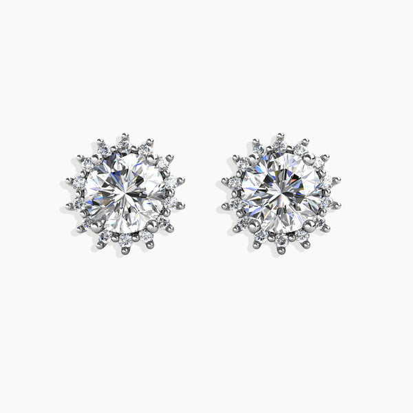 Front view of the Captivating Moissanite 1ct. Studs, showcasing dazzling 1ct. moissanite stones set in circular designs crafted from sterling silver.