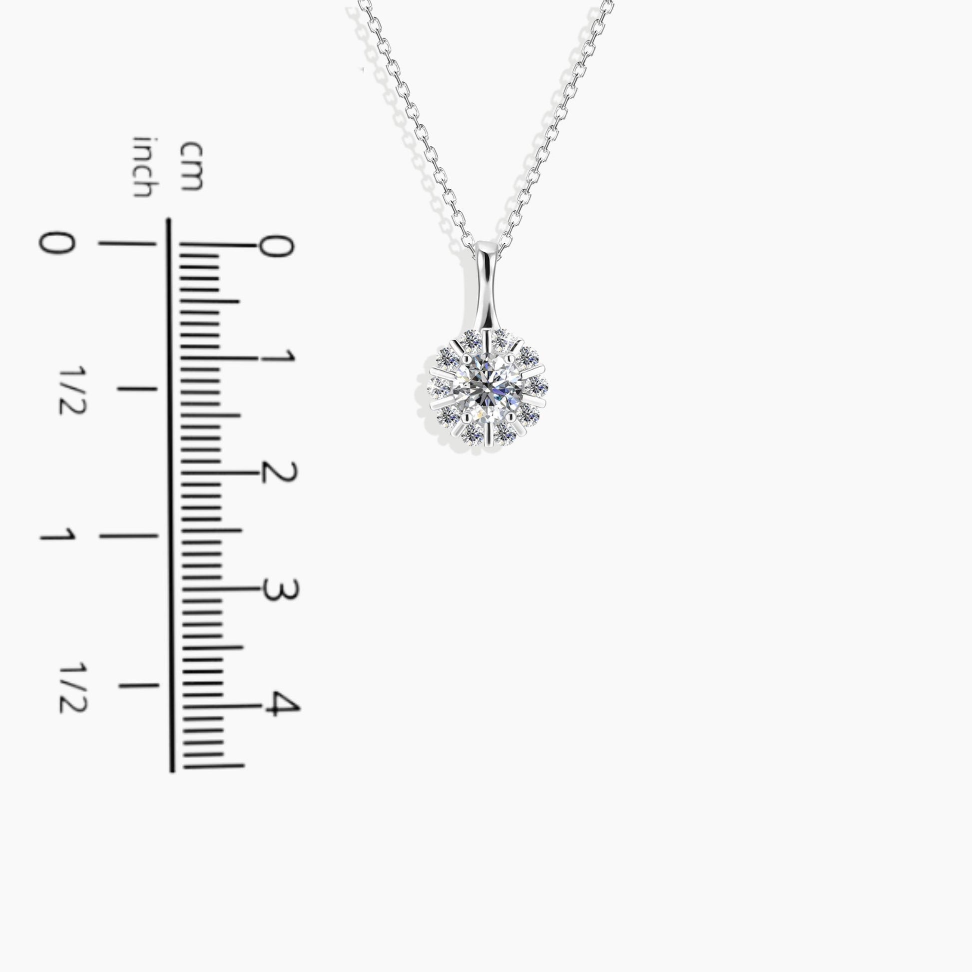 Moissanite Sparkle Pendant Necklace displayed next to a scale, providing an accurate representation of its size and dimensions.
