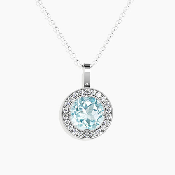 Front photo view of Irosk Round Topaz Pendant with Halo